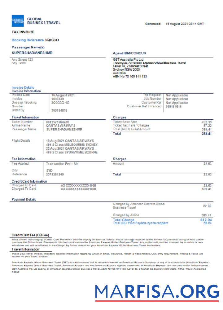 Printable USA American Express invoice sample